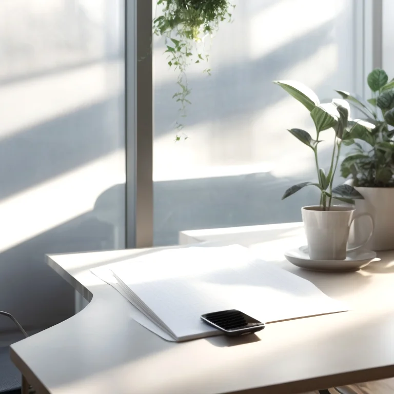 Executive practicing mindful breathing under a skylight